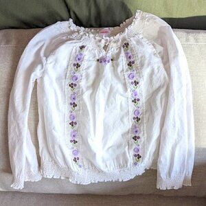 Gymboree Girls White Blouse w/ Embroidered Purple Flowers Size 5